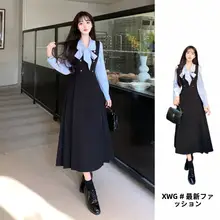 バタフライリボン付きドレス【長袖・コントラストカラー・大きいサイズ・セットアップ対応】