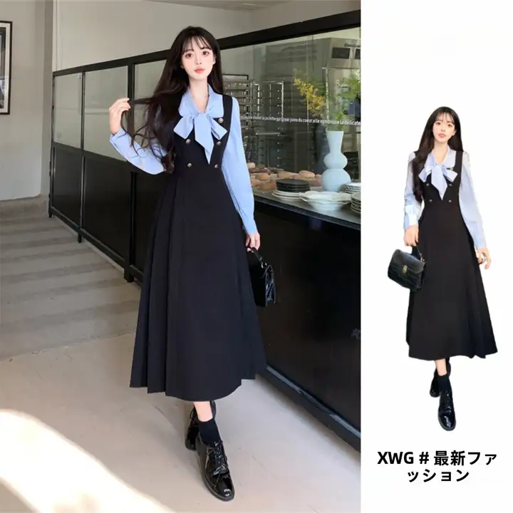 バタフライリボン付きドレス【長袖・コントラストカラー・大きいサイズ・セットアップ対応】