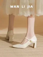 米白色のハイヒール女性用【太めのヒール・ソフトレザー・マリー・ジェーンスタイル】