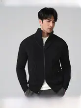 立ち襟デザインのブラックニットカーディガン【極上の柔らかさ・ウール使用・春用】