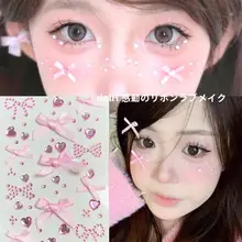 かわいいリボンデザインのビジュー付き顔ステッカー【ハート型ビジュー・ドール感・メイクアップ小物】