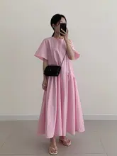 夏用ゆったりシンプルドレス【ラウンドネック・パフスリーブ・ティアードデザイン】