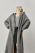 Guuli グレー フード付きロングニットカーディガン【女性用・秋冬用・デザイン性あり】
