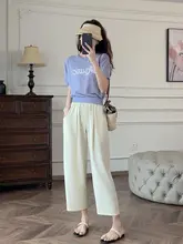 高級感のある白のハイウエスト九分丈ストレートパンツ【レディース・ウエストゴム・夏用・薄手】