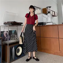 ドット柄ハイウエストマキシスカート【プラスサイズ・夏用・ブラック・シフォン・Aライン】