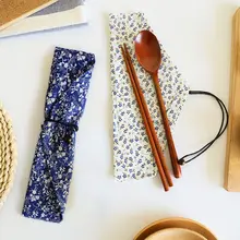 木製箸・スプーンセット【携帯用・麻布袋付き・1人用・学生向け】