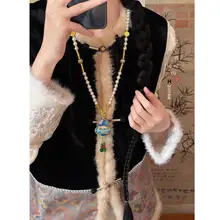 宋锦製の葫芦デザインパールネックレス【新中式・長めのニットチェーン・旗袍アクセサリー】