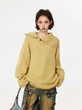 鮮やかな黄色の翻り襟ニットセーター【秋冬用・厚手・ゆったりシルエット・カジュアル】