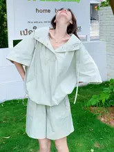 薄荷緑のカジュアルUVカットコーディネート【軽量・ハイウエストショートパンツ・長袖】（セットアップ対応）