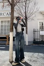 ブルーアンティークウォッシュデニムストレートパンツ【高腰・フィット・秋冬用】