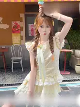 黄色の水玉柄トップスとケーキスカート【夏用・二キャップ】（セットアップ対応）
