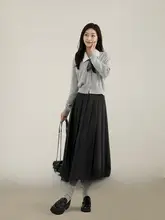 小柄女性向けグレーのプリーツスカート【高腰・Aライン・春秋用】（セットアップ対応）