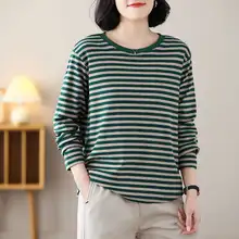 ストライプ柄 レディース Tシャツ【大きいサイズ・丸首・長袖・ルーズフィット】
