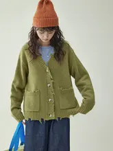 北島AMUU オリジナル Vネックウールニットカーディガン【秋冬用・レディース・シングルボタン・穴あけデザイン】