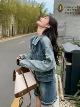 おしゃれなデニムスカート【春秋用・小柄向け・気質デザイン・2点スタイル】（セットアップ対応）