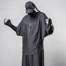 半袖Tシャツ メンズ ストライプ ダーク系 モード系 クルーネック バットウィングスリーブ ビッグシルエット ドレープ 防シワ 夏