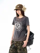 ヴィンテージ風 愛らしいデザインのウォッシュドショートスリーブTシャツ【レディース・カジュアル・フィット】
