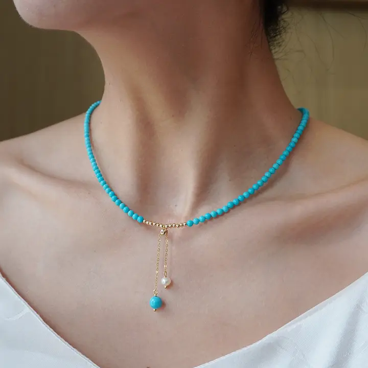 オリジナルターコイズのロングロックネックレス【淡水パール・14K金メッキ・色移りしない・贈り物に最適】