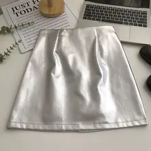 シルバーPUレザー膝上スカート【ハイウエスト・Aライン・カジュアル】