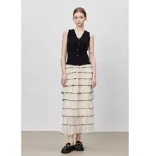 優雅な杏色のレース切替ケーキスカート【軽やかでウエストゴム】