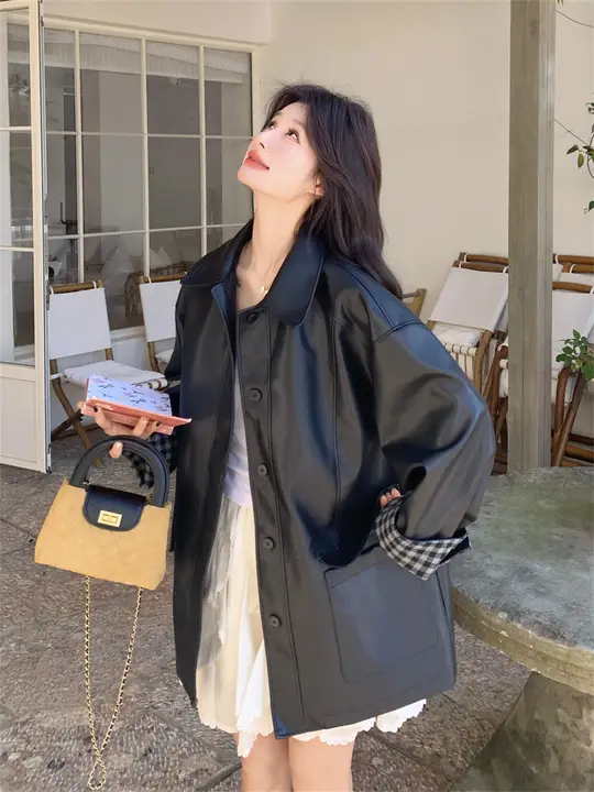 オーバーサイズ チェック柄コントラストレザーアウター【春秋用・女性用・スリムフィット】