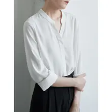 LIMONN デザイン立ち襟長袖シャツ【通勤用・Vネック・ホワイト・秋用】