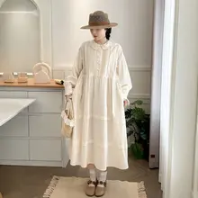 ドールカラーの長袖コットンワンピース【プリーツ・アンティークスタイル・ロング丈】