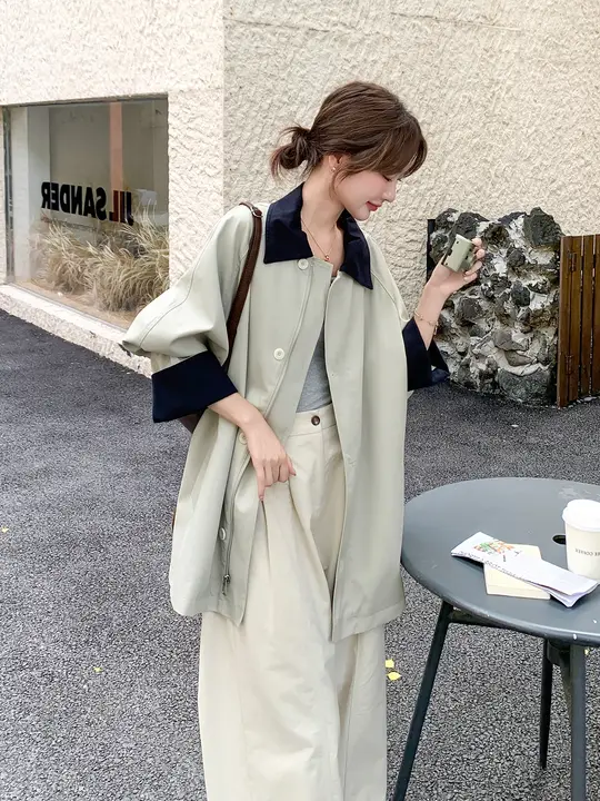 韓国風 カジュアルカラーコンビネーショントレンチコート【秋用・スタイル・通勤対応】