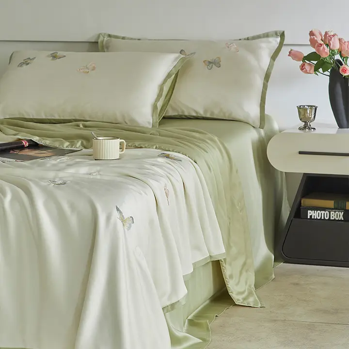 高級感ある刺繍のテンセル大豆タンパク使用サマーケット4点セット【アイスシルク・洗える・クーリング機能】