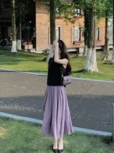 高腰紫色コットンリネンAラインスカート【中長丈・2点セット・黒いタンクトップ付き】