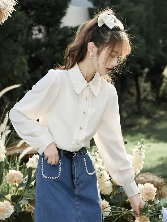 白鹅绒使用の長袖シフォンシャツ【タックデザイン・洗練されたカジュアルスタイル・通勤用】