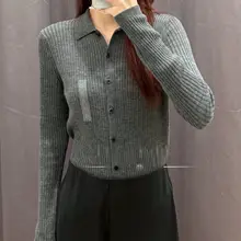 ポロ襟リブ編みニットカーディガン【長袖・無地・女性用】