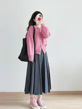 グレーウール調のハイウエストAラインスカート【秋冬・体型カバー・ミドル丈】