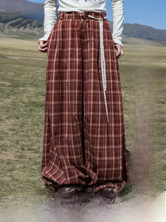 クリスマスデザイン ヴィンテージ風チェック柄 ワイドレッグパンツ【肌触りの良い起毛生地・フィット】（セットアップ対応）