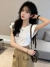 個性的なデザインのフリル袖Tシャツ【夏用・セクシー・背面リボン付き・透かしデザイン】