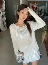 白色バタフライリボン付き長袖Tシャツ【秋用・薄手・ルーズフィット・紫外線対策】