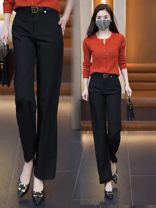 高腰のストレートワイドパンツ【女性用・春夏・ドレープ感・シンプルデザイン】（セットアップ対応）