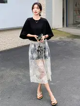 レース切替の黒Tシャツワンピース【ゆったりとしたデザイン・夏用・女性用】（セットアップ対応）
