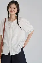 drawwind 無地 コットンシャツ レディース【夏用・ラウンドネック・レース装飾】