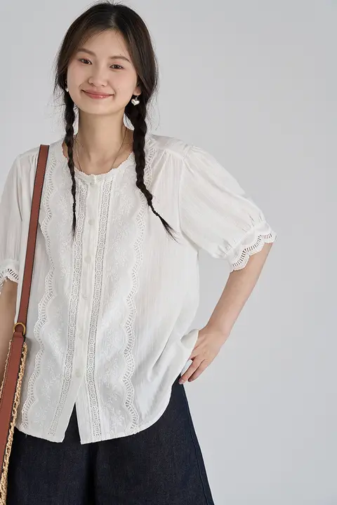 drawwind 無地 コットンシャツ レディース【夏用・ラウンドネック・レース装飾】