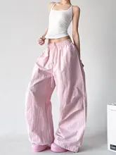 粉色のハイウエストワイドパンツ【ゆったりカジュアル・皺加工・ジャズスタイル】（セットアップ対応）