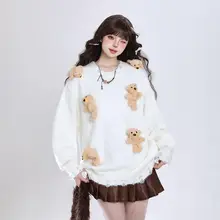 立体小熊デザインのラウンドネックニットセーター【女性用・ルーズフィット・スイートスタイル】