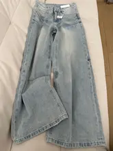 高身長向け ヴィンテージ風 薄青色 ワイドレッグデニムパンツ【ゆったりしたシルエット・ストレートデザイン】