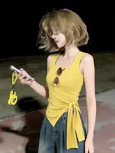 タイ風美しい黄色のコットンタンクトップ【大きいサイズ・デザイン感・ノースリーブ】