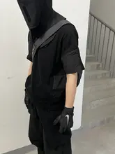 ワッフル生地のメタルナイロン接続袋付き半袖Tシャツ【ブラック・袖袋デザイン】