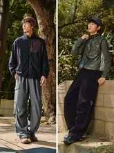 機能的な加絨カーゴパンツ【男性用・弧型デザイン・ワイドストレート】