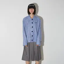 青いチェック柄の長袖シャツ【ゆったりデザイン・春夏用】