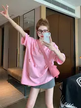 立体小熊デザインの粉色半袖Tシャツ【ゆったり・カジュアル・コットン】