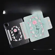 可愛いグラデーションのウサギと花のイラスト入りiPad用アクリルケース【磁気留め・ペンホルダー付き・iPad Pro対応】