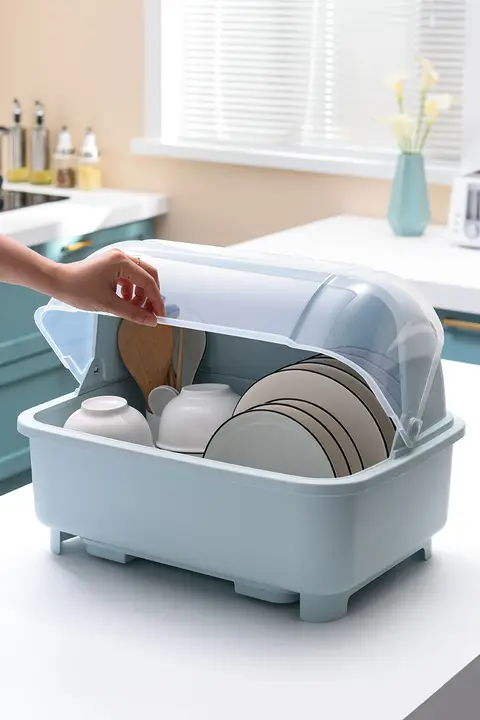 キッチン用水切り収納ラック【ふた付き・皿とカトラリー用・コンパクトサイズ】